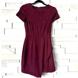 AQUA Asymmetrical Hem Faux Wrap Vegan Stretch Suede Mini Dress Burgundy XS